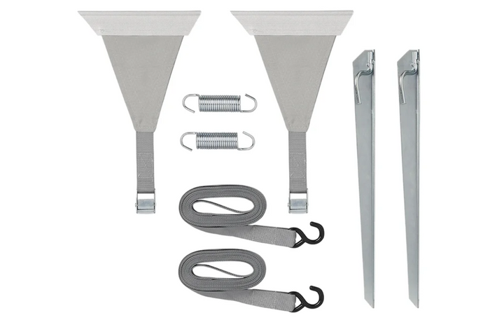 Set of two ProPlus 361729 storm straps attached to a 2x4.8m awning rail